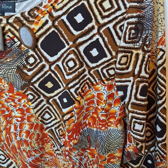 Max & Rina Womens Sz XL Stretch Knit‎ Top Wooden Beads Mixed Print Asymmetrical - Picture 5 of 7